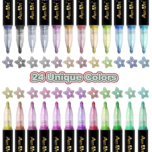 Aen Art 24 Colors Outline Glitter Markers Shimmer Metallic Pens Christmas Stocking Stuffer for Teen Girl Great Gift for Artists and Craft Lovers