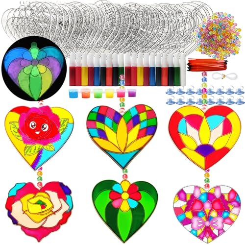 Ayhuhra 30 Sets Valentine's Day Suncatcher Craft Flowers Heart Suncatchers Glow in The Dark Valentines DIY Window Paint Art Suncatchers for Valentine Gift Exchange Mother's Day Art Craft Supplies