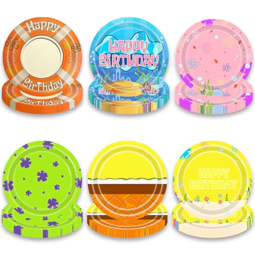 JU XIN 60Pcs Ocean Flower Bubble Party 7Plates Yellow Theme Party Supplies Under The Sea Disposable Plate Party Decorations