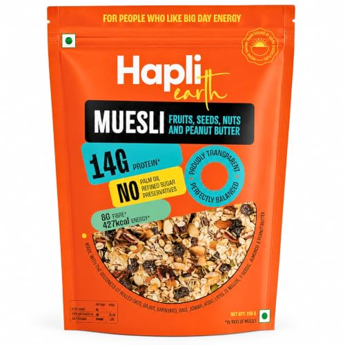 Image of Hapli Earth 6 Millet Muesli | Fruits, Seeds, Nuts & Peanut Butter | 14g Protein, High Fibre | Healthy Breakfast Cereal with Rolled Oats, 3 Seeds & Peanut Butter | No Palm Oil, No Preservatives | 250g
