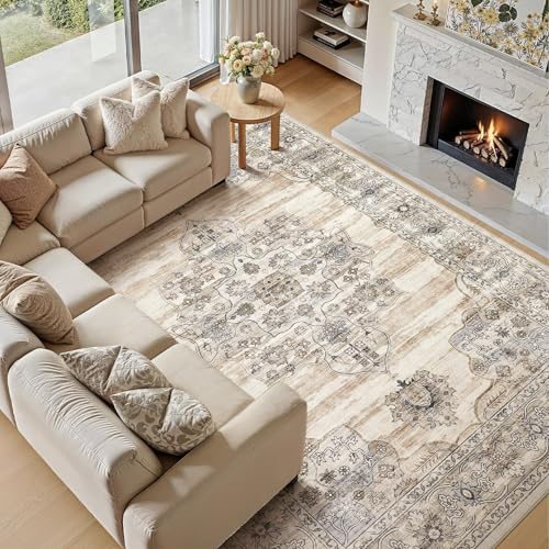 Tapete beige 8x10 para sala y comedor, lavable y antideslizante miniatura 5