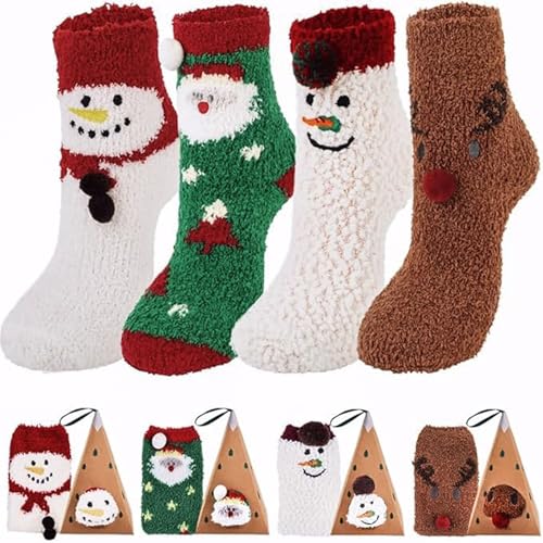 ZOYLINK 4 PCS Flauschige Socken Kuschel Weihnachtssocken Nette Karikatur-Breathable verdickte Mannschafts Socken Damen Socken Socken