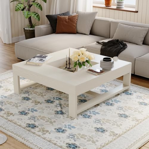 TAMUNE Coffee Table for Living Room, Modern Square Center Table with Storage, Sunken Design, Natural Wood Grain, 43.3”D x 43.3”W x 15.7”H