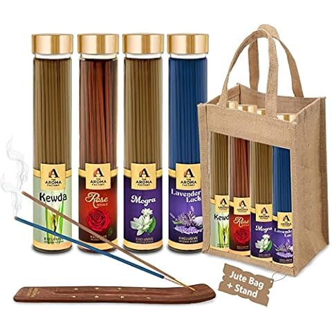 The Aroma Factory Organic Incense Sticks Aromatic Fragrances | Rose, Mogra, Kewda & Lavender | No Charcoal, Scented Incense | Herbal Pooja Agarbatti | 4x100g Jute Bag Giftset Cover