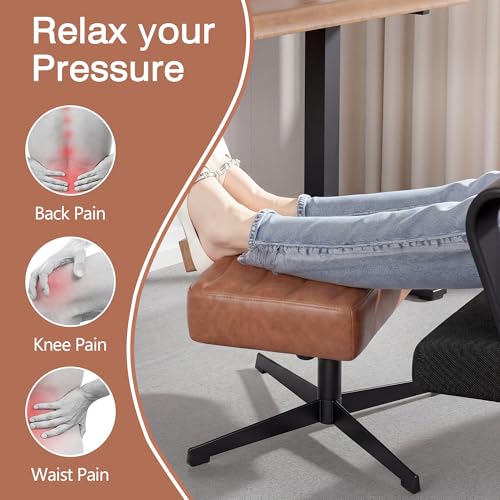 Image of VECELO Under Desk Footrest, PU Ergonomic Foot Rest with Comfort Padding, Height Adjustable for Relieving Leg Pain, Stiffness, and etc, Brown
