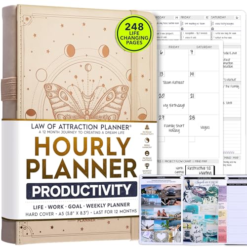 Hourly Planner - Undated Weekly & Monthly Planner, 12-Month Journey to Increase Productivity | Gratitude Journal, Life Organizer & Goal Journal | Include Foldable Vision Board, Habit Tracker & Sticker
