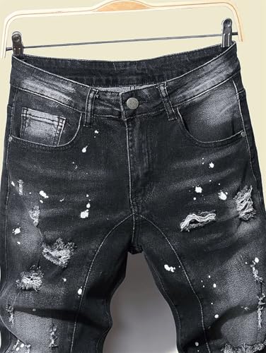 Men’S Hip Hop Ripped Skinny Stretch Harem Denim Jeans Slim Fit Zipper Fly Dot Pattern Full Length Streetwear Jeans3