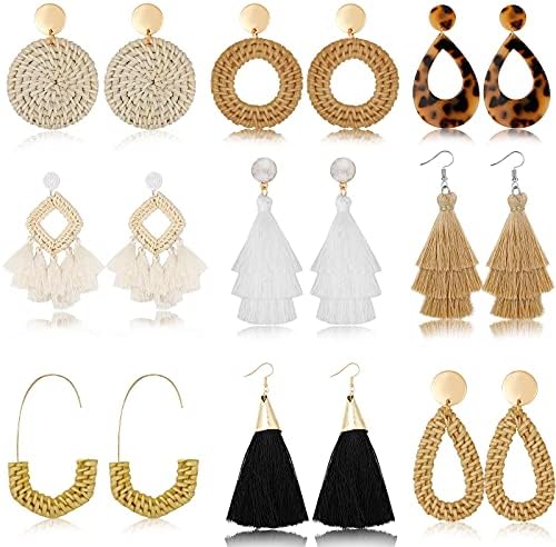 Hazms 9 Pairs Rattan Earrings Tassel Earrings for Women Girls Lightweight Acrylic Geometric Statement Woven Bohemian Earrings Handmade Straw Wicker Braid Hoop Drop Dangle Earrings