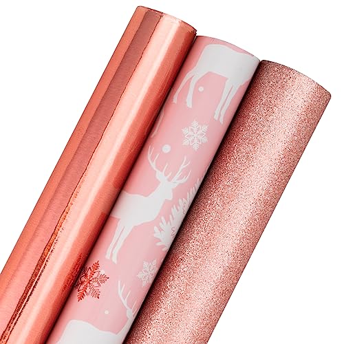 Holijolly Rollo de Papel de Envolver de Navidad - Mini Rollo - Reno/Papel Metalizado Oro Rosa/Papel Dorado con Purpurina para Envolver Regalos, Manualidades - 43.2cm×305cm - 3 Rollos