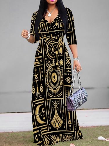 Image of PinkPatty Plus Size Maxi Dress for Women Casual V Neck 3 /4 Sleeve Boho Printed Long Dress with Pockets