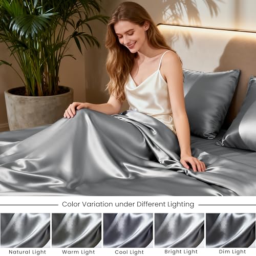 Love's cabin Satin Queen Sheets Set - 4 Piece Dark Grey Silky Bed Sheets with Deep Pocket, Luxury Silk Feel Satin Queen Size Sheet Set (1 Flat Sheet,1 Fitted Sheet,2 Pillow Cases) by Love's cabin - Image 7