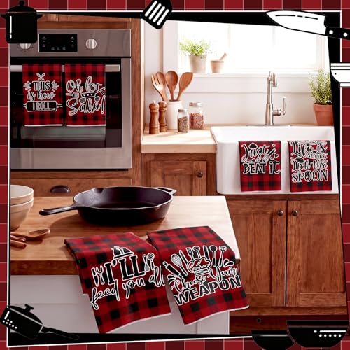 Image of Bencailor 6 Pcs Red Black Plaid Kitchen Towels Decorative Sets Dish Towels Absorbent Fast Drying Hand Tea Vintage Hanging Reusable Cleaning Dishcloths for Cooking Farmhouse Bathroom Accessory