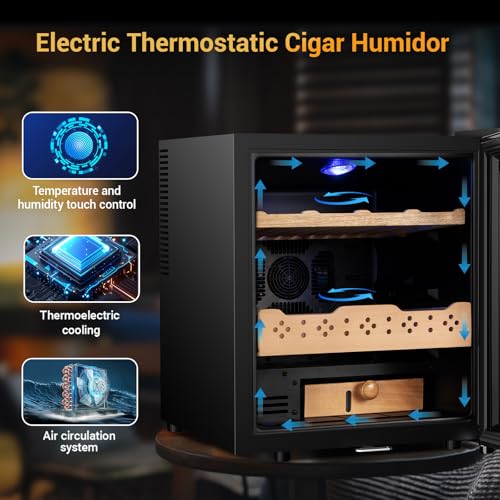 Image of Electric Cigar Humidor, 50L 300 Counts Large Capacity,Thermostatic Cooling Humidor Cabinet with Spanish Cedar Wood Shelves, Digital LED Screen, Safety Lock