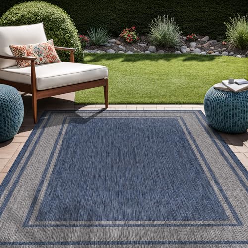 Beverly Rug Outdoor Rug 5x7 Modern Bordered Area Rugs for Indoor and Outdoor Patio Deck Porch Garden Waterproof Weather Sun Resistant Washable Outside Carpet (5 x 7 Navy)