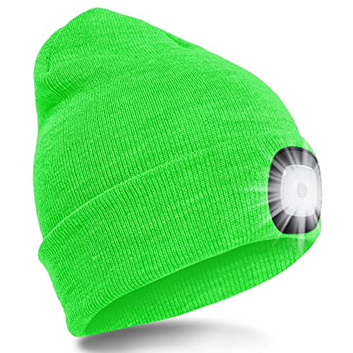 SPGOOD LED Beanie Beleuchtete Mütze mit Licht,Wiederaufladbare Winter Warm LED Haube mit Lampe für Angeln,Jogger,Camping,Laufen,Geschenke für Männer Frauen(Fluoreszierendes Grün)