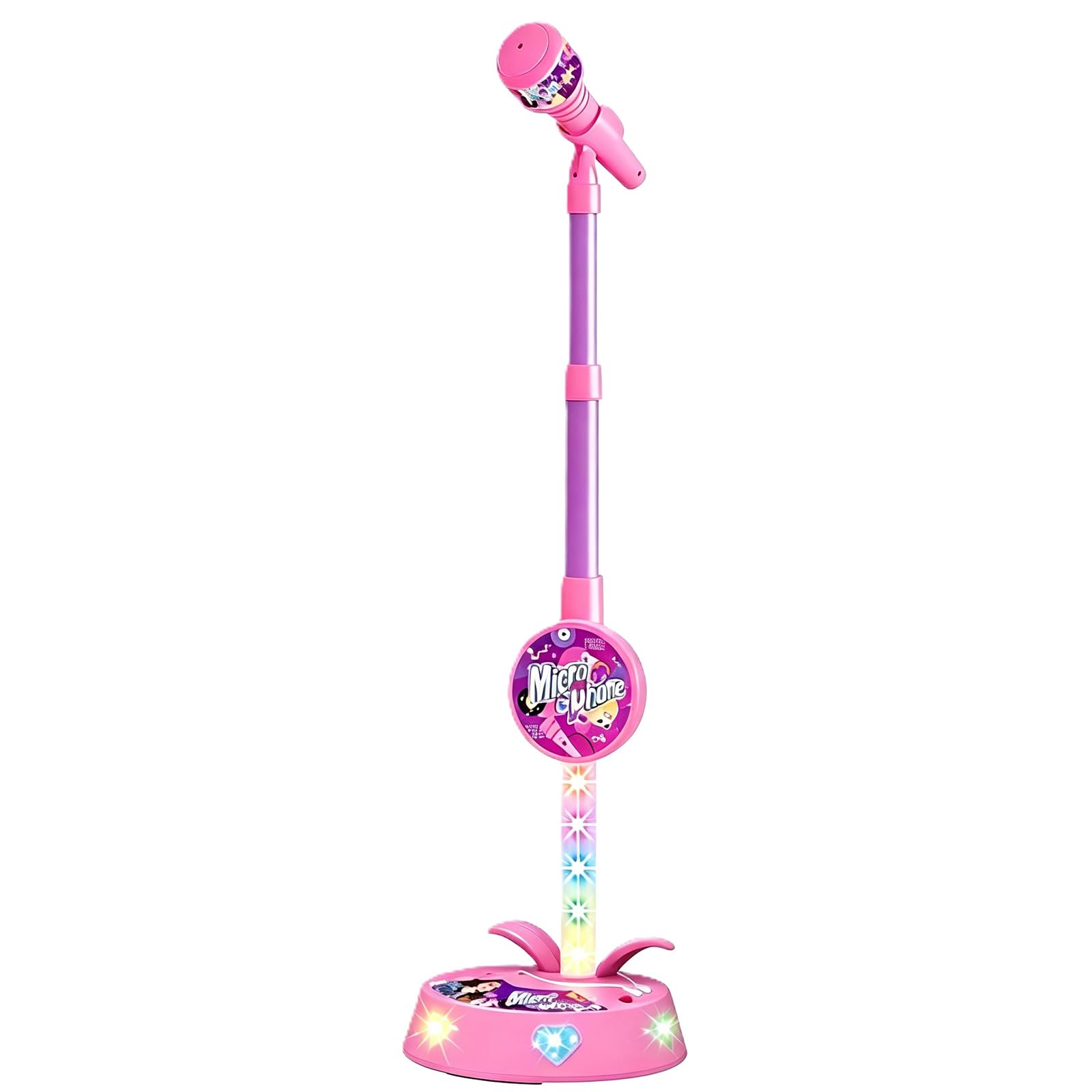 Kids Microphone and Stand, Kids Karaoke Machines with 4 Drum Sound Effects and 12 Songs, Flashing Stage Lights, Compatible with Smartphone and MP3, Musical Gift for Boys and Girls Aged 3–8, Pink