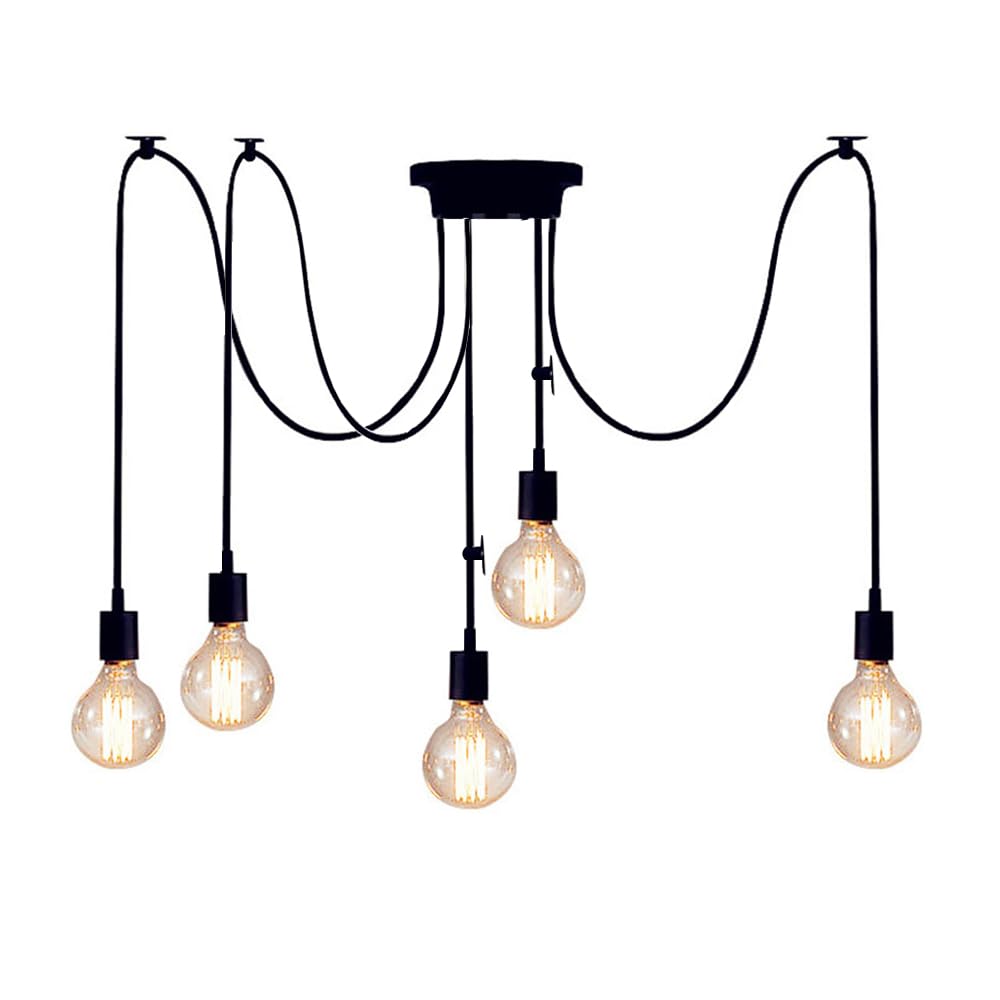 Vintage Edison Pendant Light Fitting,1.5M Adjustable Industrial Pendant Lamp Black Chandelier Antique Chandelier E27 Hanging Lamp Holder DIY Spider Ceiling Retro for Living Room Bedroom Bar (5 heads)