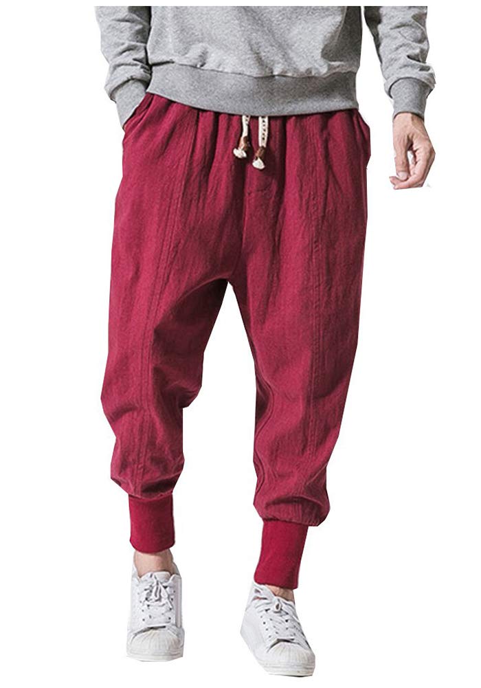 LifeHe Men Linen Drop Crotch Wide Leg Baggy Harem Pants - Red -