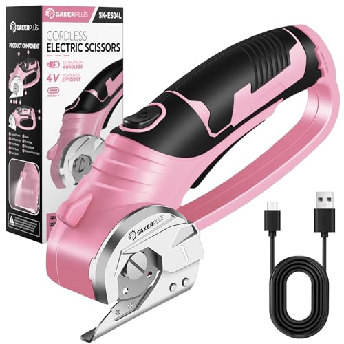 Image of SakerPlus Cordless Electric Scissors,4V Rechargeable Cardboard Box Cutter Heavy Duty Fabric Scissor with Safety Lock & LED Light,Power Rotary Cutter for Leather Carpet Plastic Cutting,Sewing,Crafting