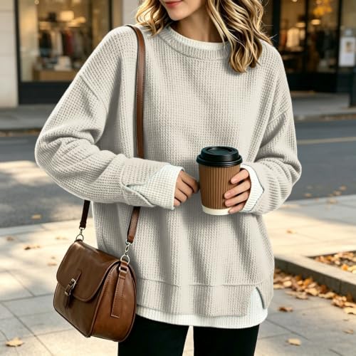 Oversized Sweatshirt for Women Waffle Long Sleeve Crew Neck Sweatshirts - image 3