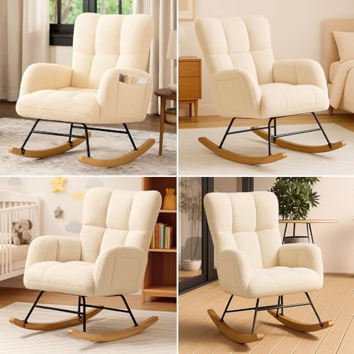 image for COMHOMA Nursery Rocking Chair, Teddy Upholstered Glider with Side Pock