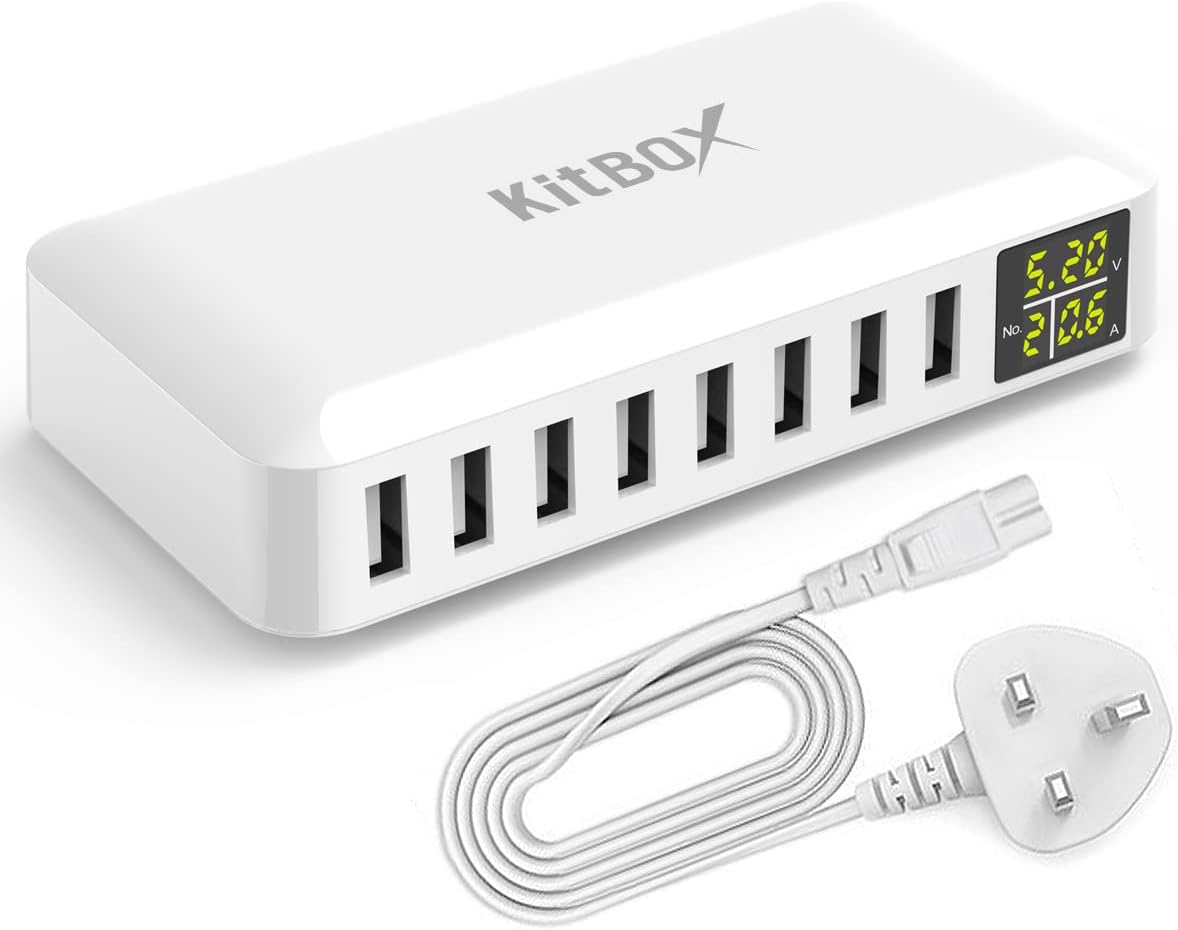 Multi USB Charger UK Plug Fast Phone Charging Station 5V 8A Multi Port USB Charger Hub with Display Power Supply for iPhone 15/14/13/12/11 Pro Max/SE/XR/XS/8/7/6/S10/S9/Pixel 7 etc