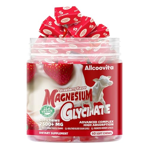 Image of Magnesium Glycinate Soft Chews, Strawberry Flavor.Chewable Sugar Free Potassium Magnesium Chews with Magnesium Glycinate, Vitamin D, B6, and CoQ10 for Calm Support & Sleep for Adults, 60 Days Supply