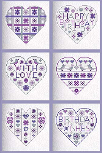 Riverdrift House Cross Stitch Card KIT Purple Birthday Hearts to Stitch and Make 6 Greetings Cards