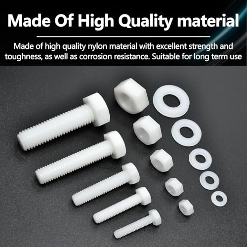 M4 M5 M6 M8 M10 White Nylon Hex Bolt Nut Washer Kit,216 Pieces Metric Thread Machine Bolts Plastic Hexagon Screw Nut Washer for Micro Controller Board Building,Insulate or Fasten PCB Board