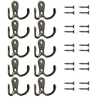 Beilala 10 Pack Double Coat Hooks Door Wall, Bedroom Bathroom Vintage Metal Hook Hanging Clothes, Robe, Towel, Hat, Key, with 30 Screws (Bronze)