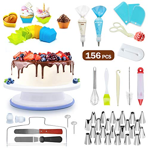 SYOSIN Decoración de Pasteles, Torta Giratoria，156Piezas incluir Cake Turntable，Taza para Tartas Diferentes Forma，Manga Pastelera，Boquillas，batidor, Espátula de Silicona，Herramientas para repostería