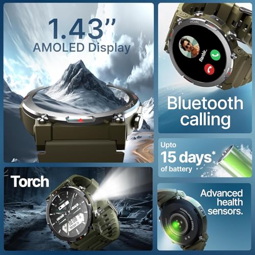 Image of CrossBeats Everest 2.0 Smart Watch for Men 1.43 inch True AMOLED, Always ON Display Bluetooth Calling Rugged Outdoor Military Grade Certified Upto 15 Days Battery Life Smartwatch (Camo Green)
