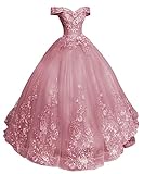 HAIBFJIN Women Ball Gown Quinceanera Dress 2023 Off Shoulder Tulle Prom Dress Long Lace Apllique Evening Dress for Teens Dusty Rose