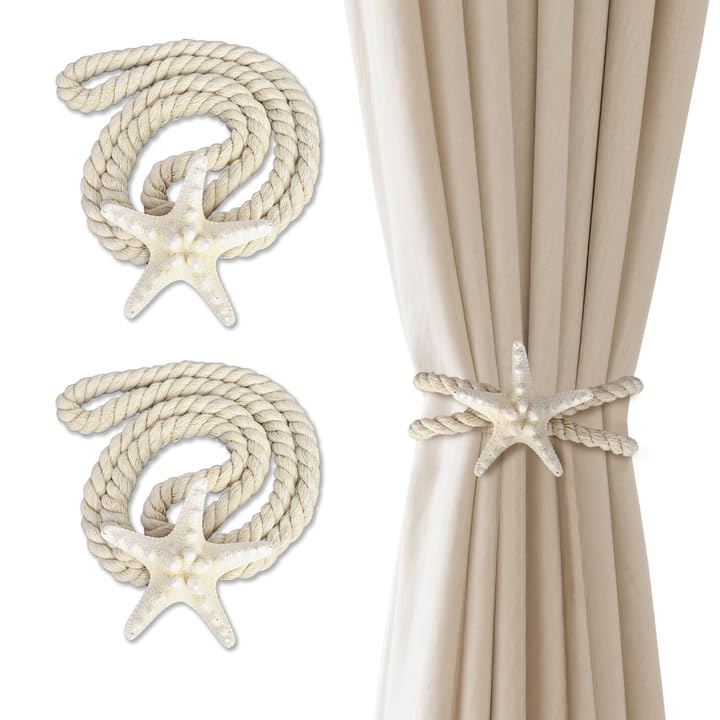 2 Pcs Natural Starfish Curtain Tiebacks, Handmade Woven Rope Curtain Curtain Ties Blinds Accessories for Outdoor, Home, Office,Hotel, Living Room