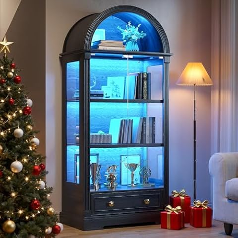 TAGELIER Display Cabinet with Glass Doors, 72" Tall Arched Curio Cabinet with Human Sensor Lights, 4-Tier Glass Display Case for Collectibles Bookcase Living Room Office, Black Cover