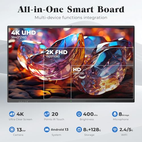 Image of 75'' Smart Board, 4K UHD Interactive Touchscreen Whiteboard, Android 14 8+128GB Wireless Smartboard for Classroom Home Office Studio