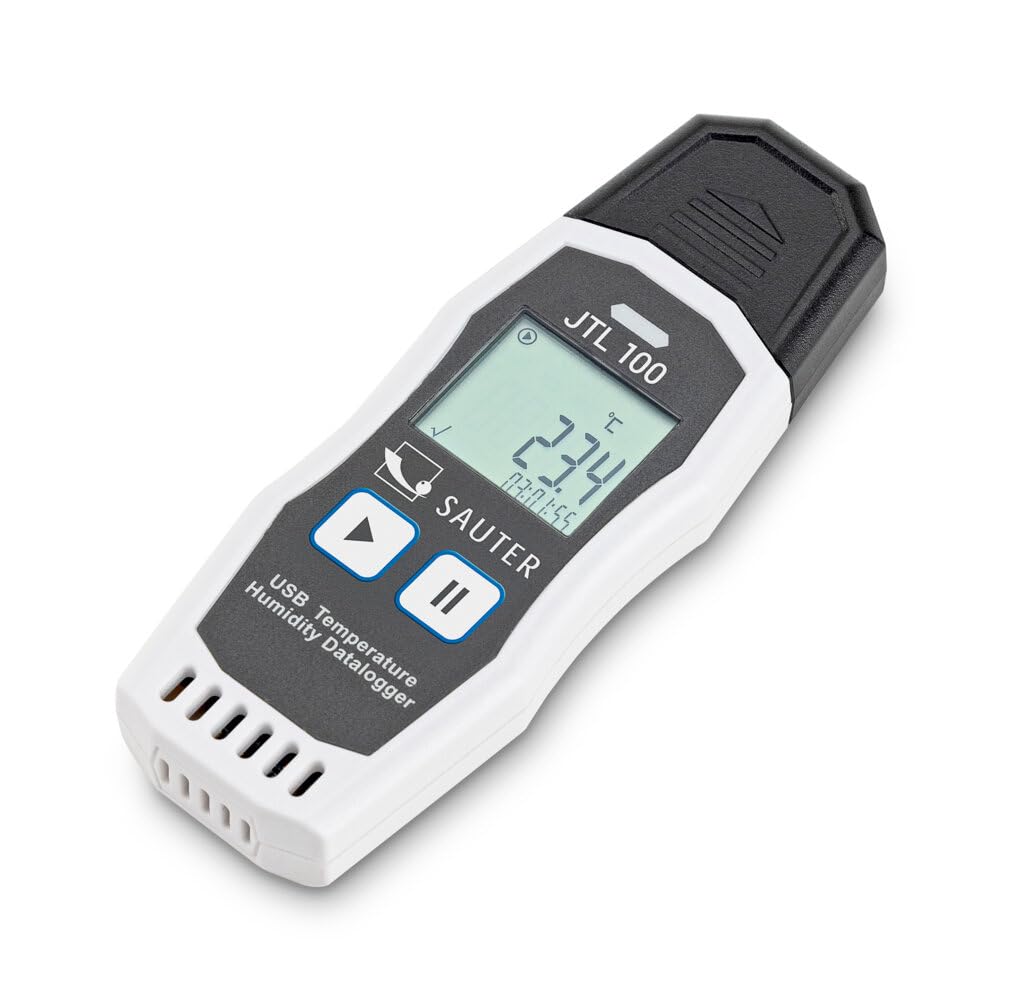 Sauter JTL 100 rejestrator temperatury i wilgotności IP65, kompaktowy rejestrator danych z 64 000 grupami pomiarowymi, funkcja alarmu i USB-C do łańcucha chłodzącego, transportu i przechowywania