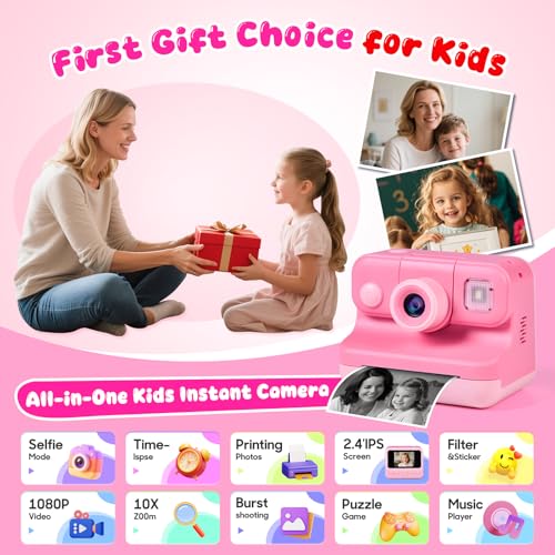 Image of Kids Instant Print Camera with Carrying Bag, 1080P HD Girl Camera with 4 Print Paper Rolls, Color Pens & 32GB Card, Christmas Birthday Gifts Kids Girl Toys for 3-12 Years Old (Pink)