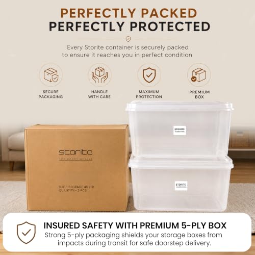 Image of Storite 2 Pcs 45L Plastic Storage Box with Lid-Stackable Organizer Box | Storage Box for Clothes,Kids Toys, Kitchen - Plastic Storage Container Basket for Home, Office, Bathroom(Transparent)