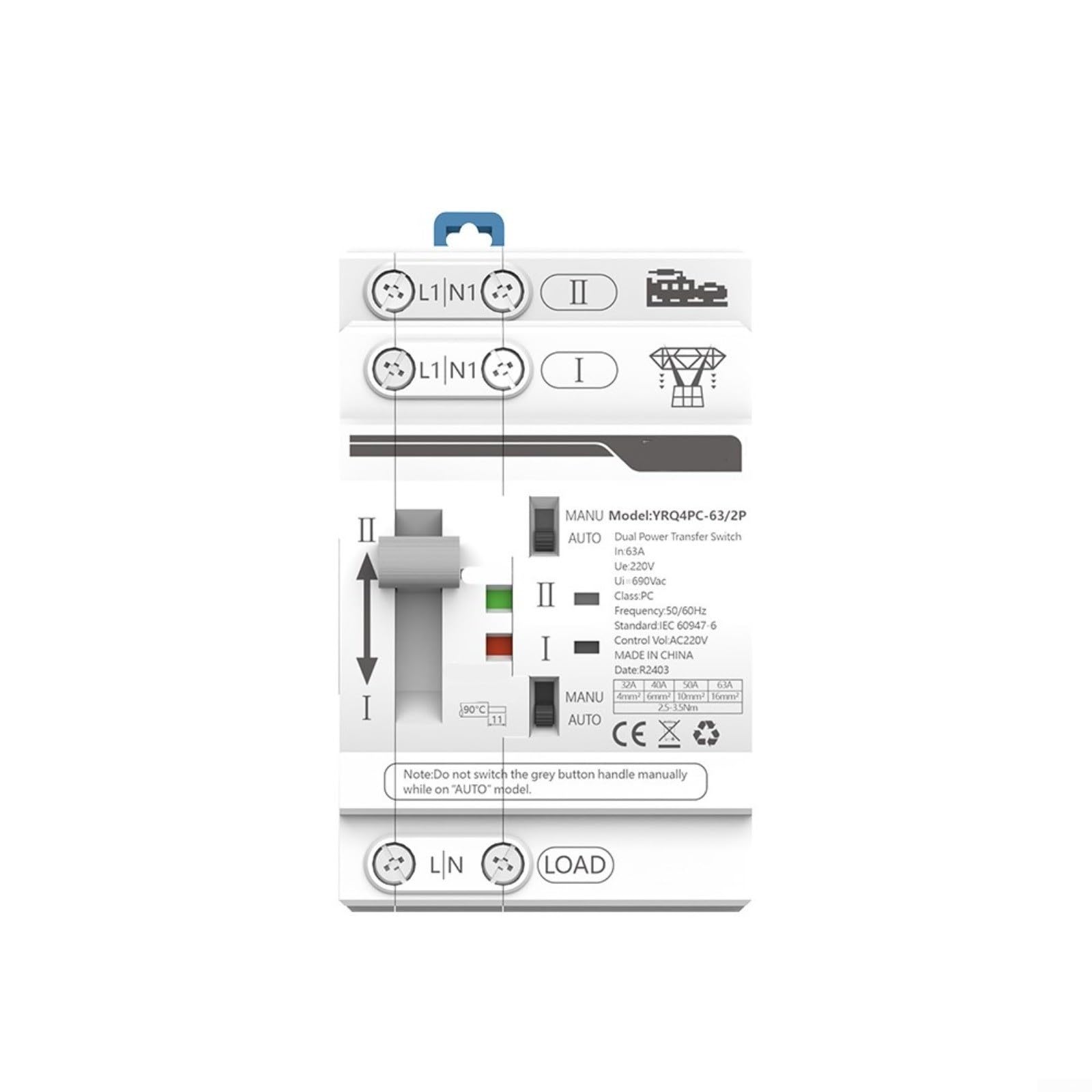 Dual Power 2P 63A 32A Automatic Transfer Switch (ATS) 110v CB Switching Product