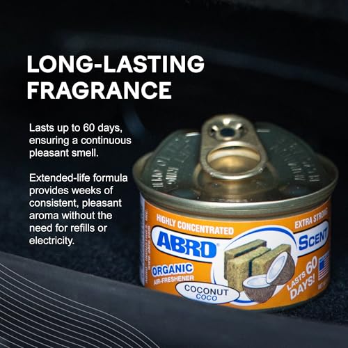 Image of ABRO Car Air Freshener Cans: Spill Proof Air Fresheners for Home, Office, or Car Accessories, Lasts Up to 60 Days - 3 Pack Coconut Scent