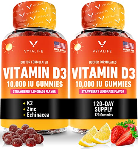 VYTALIFE Vitamin D3 K2 10000 IU, Vitamin D Gummies, K2 D3 Vitamin Supplement D3 K2 Vitamin 10000 IU with Zinc and Echinacea, Vitamin D3 Gummies 120 Day Supply of Vitamin K2 D3 Gummies (2 Pack)