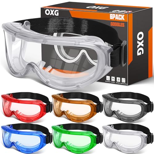 OXG 6 Pack Protective Safety Goggles Anti-Fog, Adjustable Chemical Splash Eye Protection Science Lab Goggles