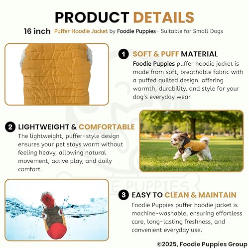 Image of Foodie Puppies Dog Puffer Hoodie Warm Winter Jacket - (Yellow Olive, 16 Inch) for Small Dogs | Ultra Warm Waterproof & Windproof Fur Coat | Washable Pet Vest Apparel for Cold Weather
