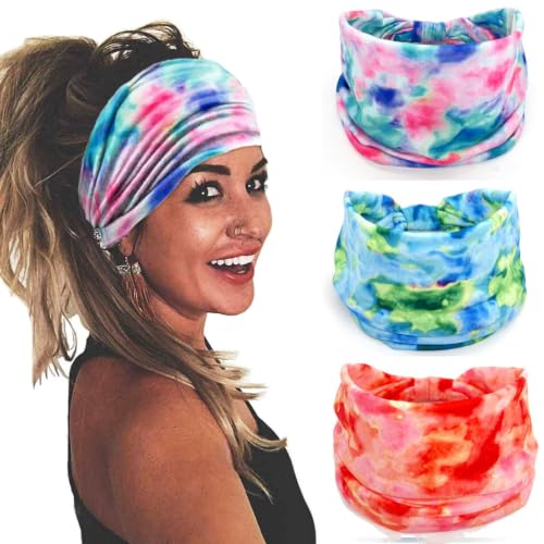 3 Pcs Hairbands for Women Workout Yoga Twisted Knotted Wide Headbands Soft Fashion Elastic Boho Headwrap Lady’s Sports Hair Accessories Band(Tie Dye-1)