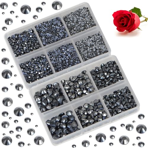Image of Bymitel Hotfix Crystal Rhinestones Round Gems for Crafts,Mixed 6 Sizes with Wax Pencil Kit, Jet Hematite 1.6-6.3mm SS4-SS30 /8000pcs