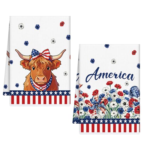 VISSTREE 4th of July Kitchen Towels Set of 2, Highland Cow, 16x24 Inch