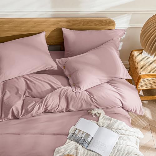 Image of JELLYMONI Cotton Duvet Cover King Size - Pink Comforter Cover with Button 100% Washed Cotton 3PCS Breathable Soft Solid Bedding Set Duvet Cover 104x90in & 2 Pillowcases (NO Comforter)