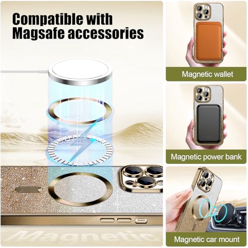 Image of Misscase for iPhone 15 Pro Magnetic Glitter Case Compatible with MagSafe,Camera Lens Protector Full Protection Elegant Anti-Scratch Dust-Proof Net Case Cover for iPhone 15 Pro Gold