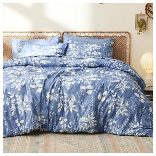 Bedsure King Size Comforter Set - 7 Pieces Blue Floral Bedding Sets King Bed in a Bag with Reversible Botanical Flowers Comforter, Sheets, Pillowcases & Shams